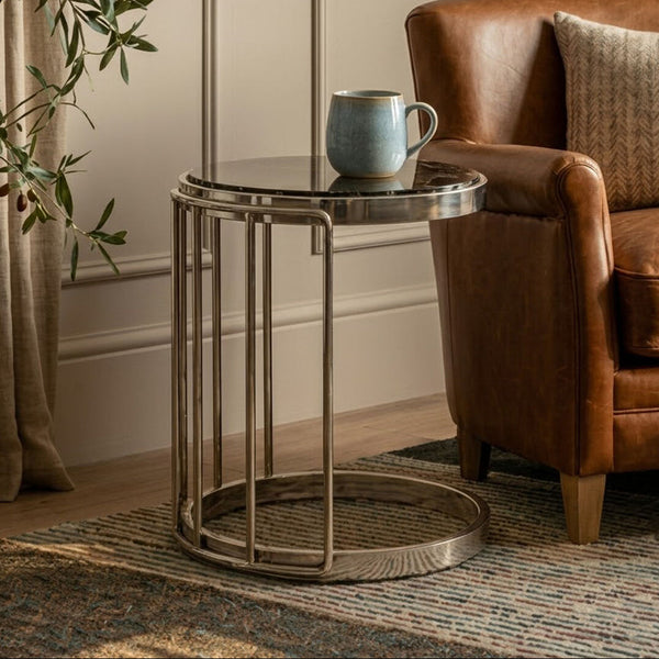Silver Steel Cage Design Frame Side Table with Tempered Black Glass | Novo
