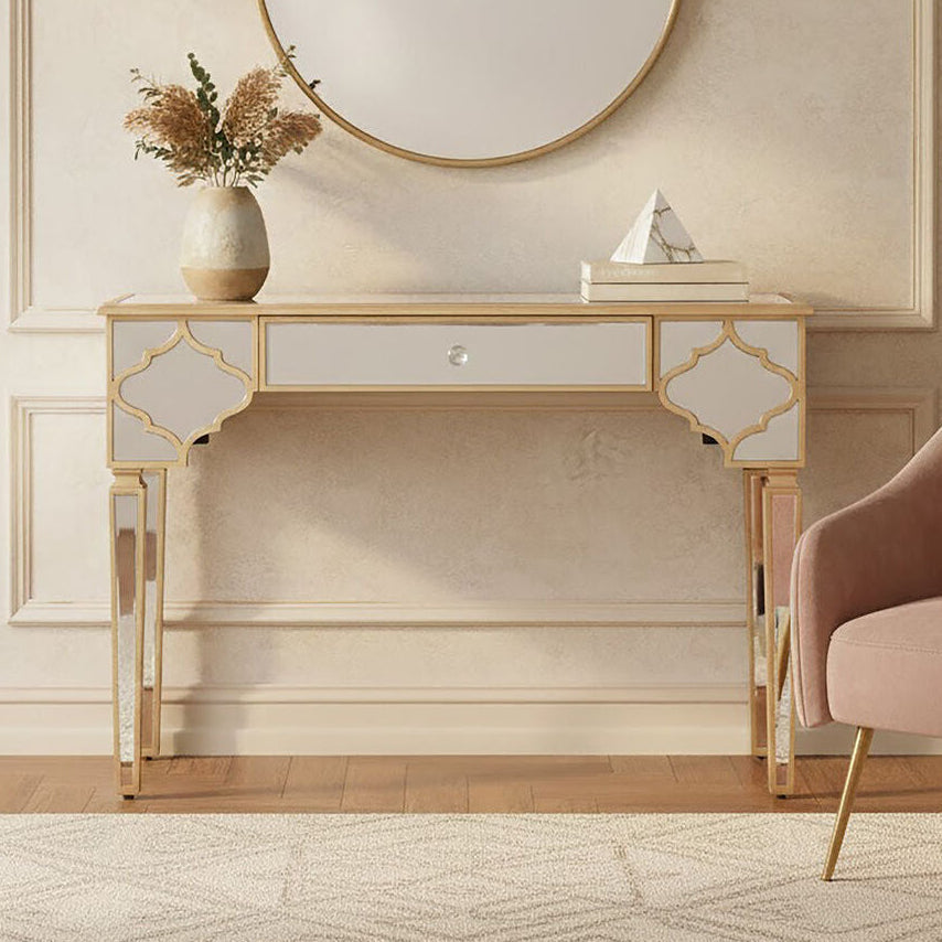 Mirrored Panel 1 Drawer Console Table with Gold Finish Frame and Crystal Knob, Grazia
