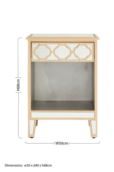 Mirrored Glass Side Table with Arabesque Detail in Gold Finish | Grazia