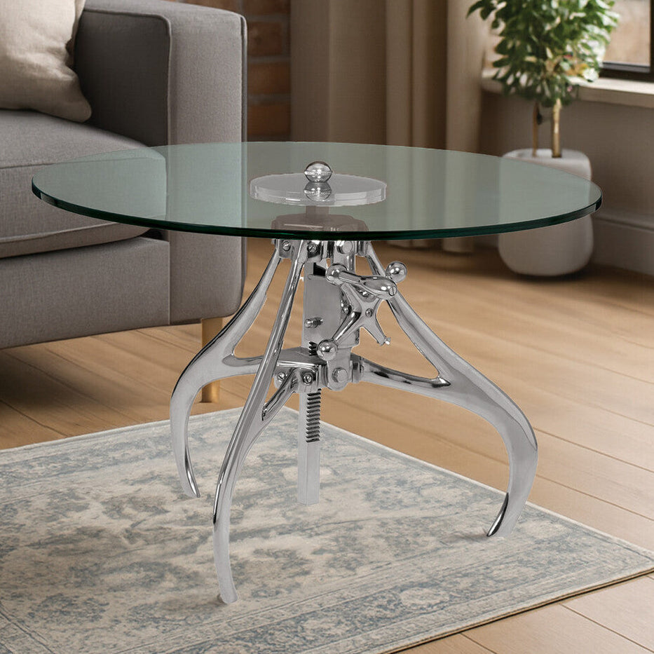 Clear Glass Top Accent Table with Silver Height Adjustable Crank Mechanism Metal Frame | Maxi