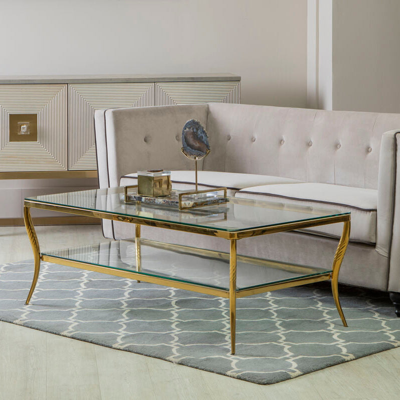 Arezzo Clear Glass 2 Tier Coffee Table with Gold Finish Frame