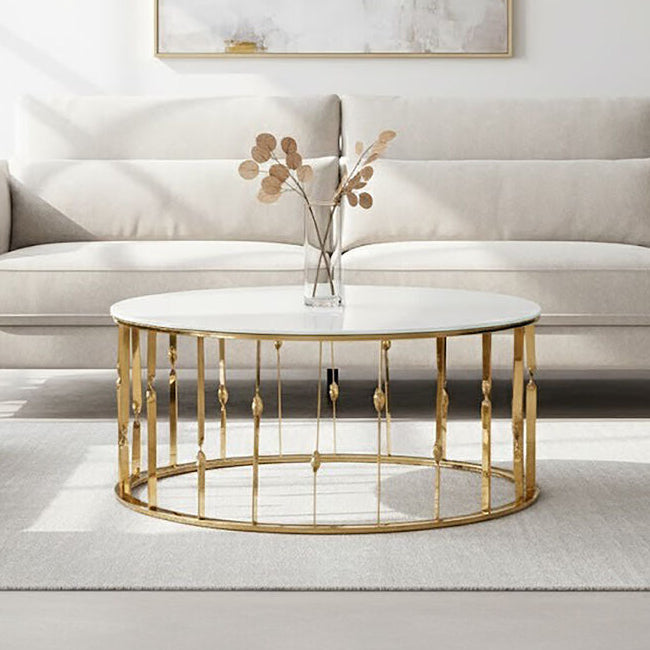 Arezzo White Glass Round Coffee Table with Gold Finish Frame
