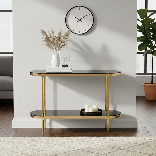 Arezzo Black Glass 2 Tier Console Table with Gold Finish Frame