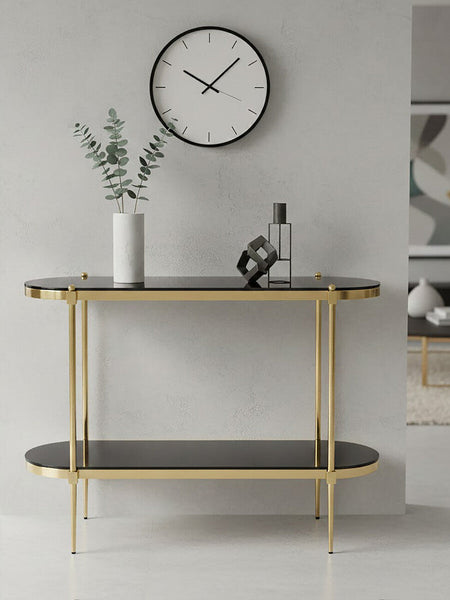 Arezzo Black Glass 2 Tier Console Table with Gold Finish Frame