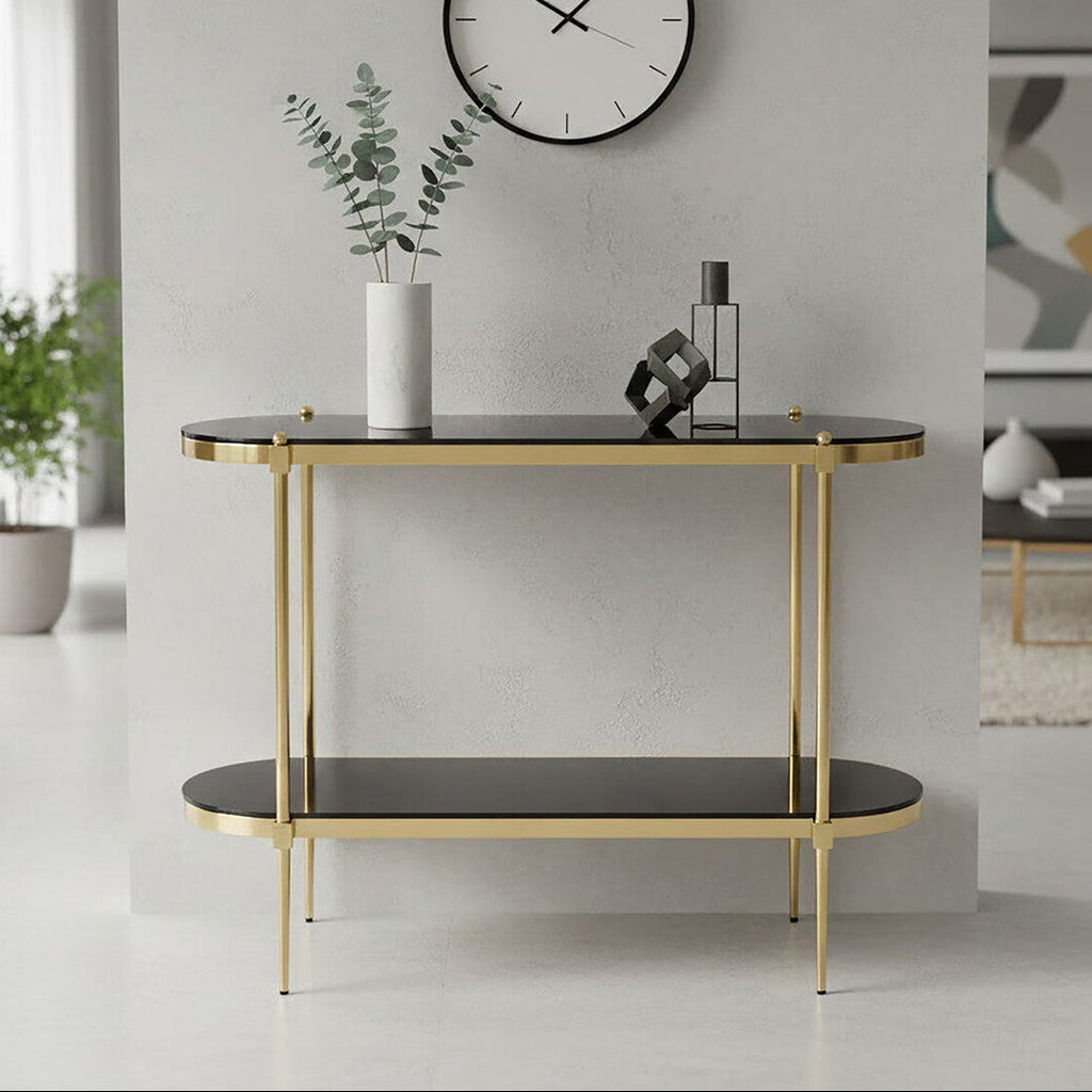 Arezzo Black Glass 2 Tier Console Table with Gold Finish Frame