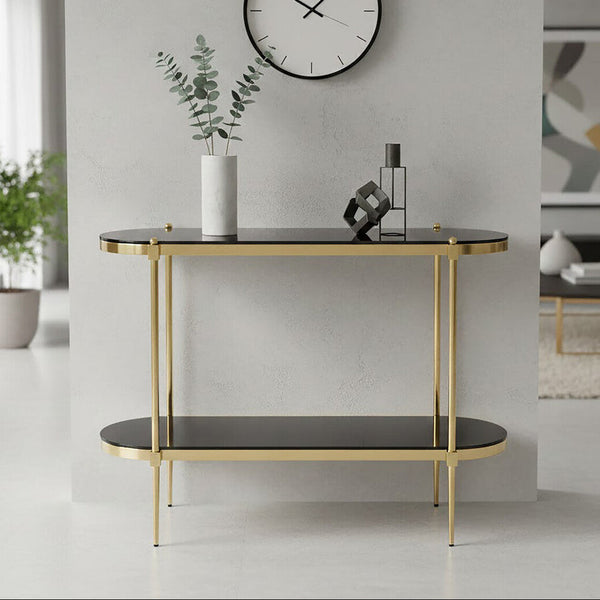 Arezzo Black Glass 2 Tier Console Table with Gold Finish Frame