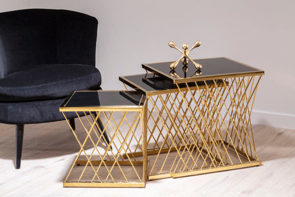 Arezzo Black Glass and Gold Finish Set of 3 Nesting Tables