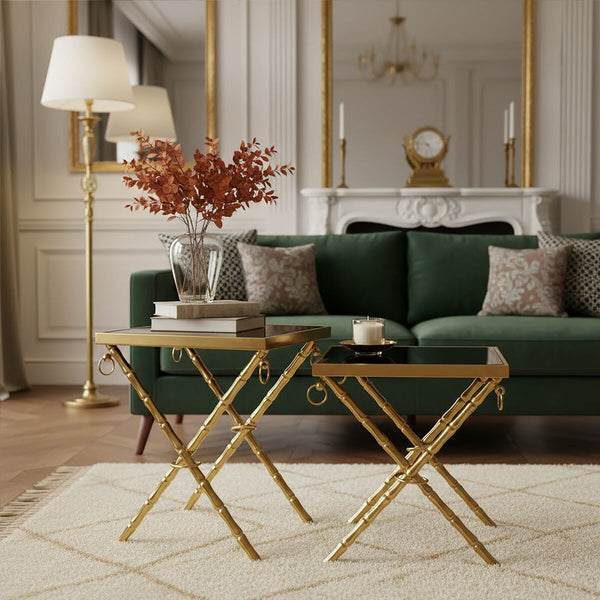 Set of 2 Gold Finish Stainless Steel Frame Nesting Tables with Black Glass Tops | Arezzo