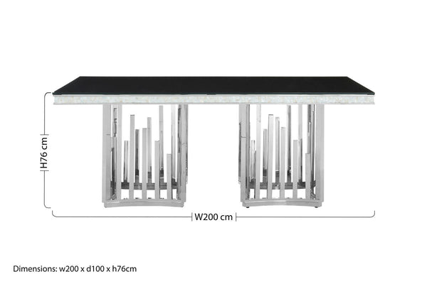 Rectangular Black Tempered Glass Top Dining Table with Silver Steel Frame | Eliza