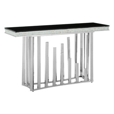 Rectangular Black Tempered Glass Top Console Table with Silver Steel Frame | Eliza