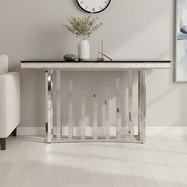 Rectangular Black Tempered Glass Top Console Table with Silver Steel Frame | Eliza