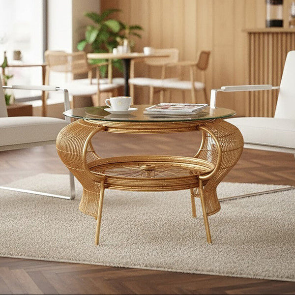 Clear Glass Top Table with Gold Finish Bamboo and Iron Frame | Mantis