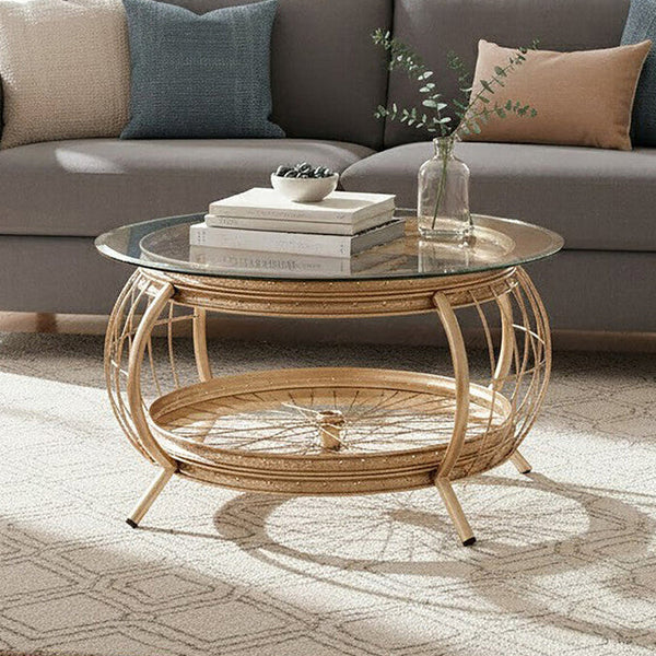 Clear Glass Top Coffee Table with Champagne Gold Finish Bamboo and Iron Frame | Mantis
