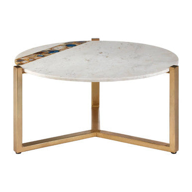 White Marble and Agate Top Round Coffee Table with Brass Iron Legs | Vizzini