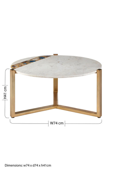 White Marble and Agate Top Round Coffee Table with Brass Iron Legs | Vizzini