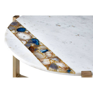 White Marble and Agate Top Round Coffee Table with Brass Iron Legs | Vizzini