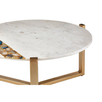 White Marble and Agate Top Round Coffee Table with Brass Iron Legs | Vizzini