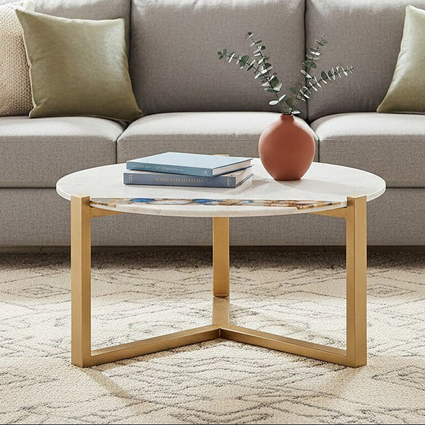 White Marble and Agate Top Round Coffee Table with Brass Iron Legs | Vizzini