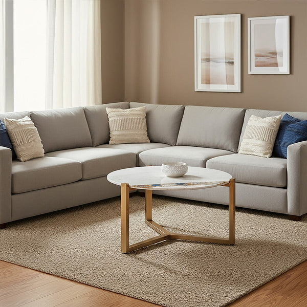 White Marble and Agate Top Round Coffee Table with Brass Iron Legs | Vizzini