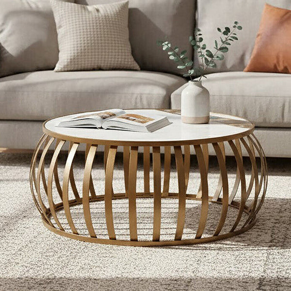 Semi-Precious Agate and White Marble Top Round Coffee Table with Brass Finish Iron Base | Vizzini