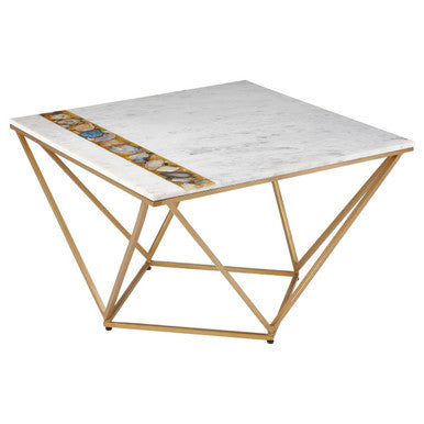 White Marble Top Square Coffee Table with Semi Precious Agate Stone Inlay | Vizzini