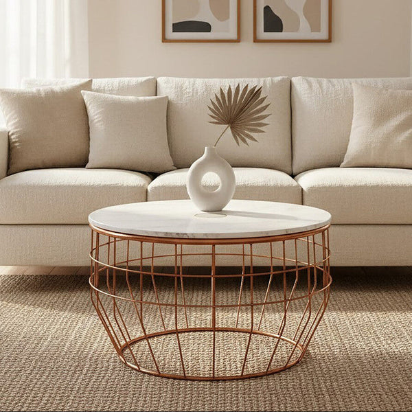 White Marble Top Coffee Table with Agate Inset and Copper Iron Wireframe Base | Vizzini