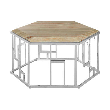 Natural Onyx Stone Top Hexagonal Coffee Table with Wavy Banding and Silver Stainless Steel Frame | Relic