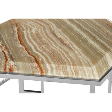 Natural Onyx Stone Top Hexagonal Coffee Table with Wavy Banding and Silver Stainless Steel Frame | Relic