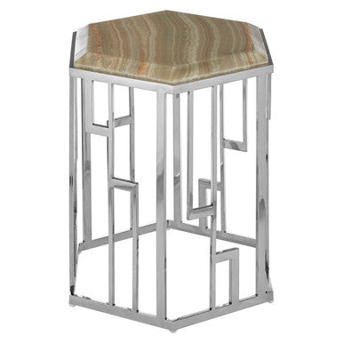 Natural Onyx Stone Top Hexagonal Side Table with Wavy Banding and Silver Stainless Steel Frame | Relic