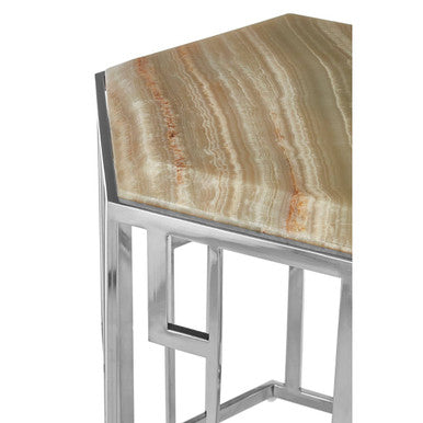 Natural Onyx Stone Top Hexagonal Side Table with Wavy Banding and Silver Stainless Steel Frame | Relic