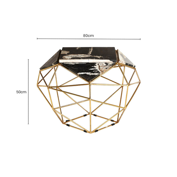 Dark Petrified Wood Top Rectangular Side Table with Gold Brass Tone Iron Base | Relic