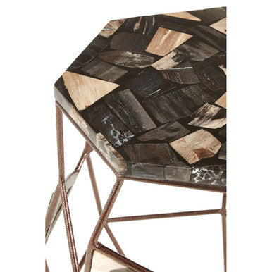 Dark Petrified Wood Top Side Table with Brass Finish Geometric Frame | Relic
