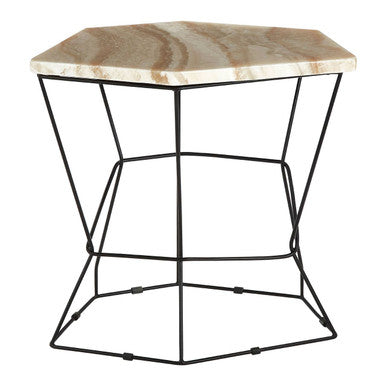 Patterned Natural Onyx Stone Top Side Table with Black Wireframe Base | Relic
