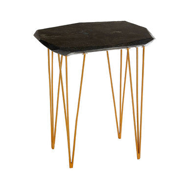 Small Black Marble Top Side Table with Gold Finish Iron Legs | Relic
