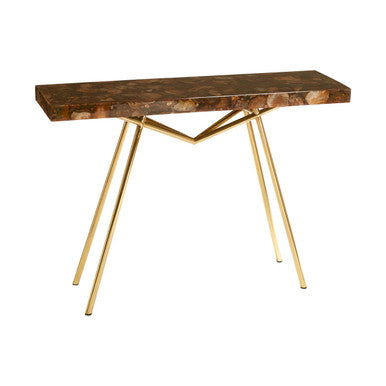 Natural Agate Console Table in Gold Warm Brass Tone Finish | Relic