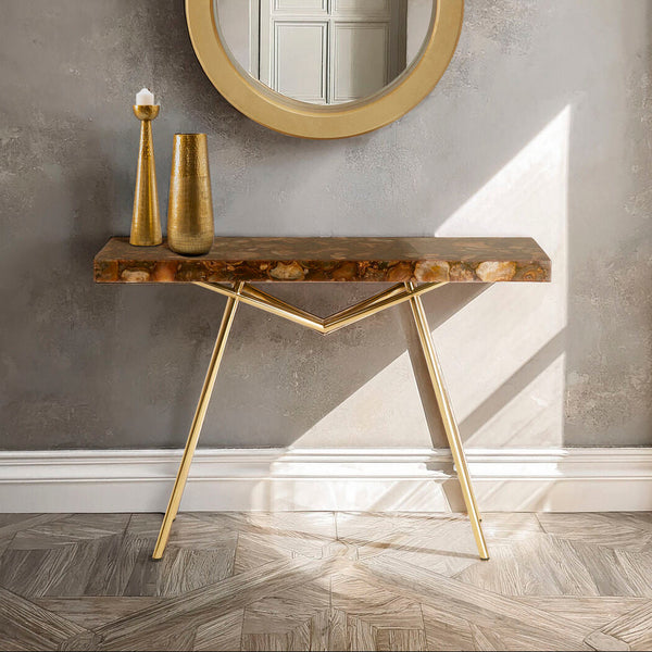 Natural Agate Console Table in Gold Warm Brass Tone Finish | Relic