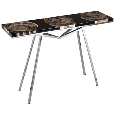 Black Resin and Wooden Console Table with Sleek Stainless Steel Silver Legs | Relic