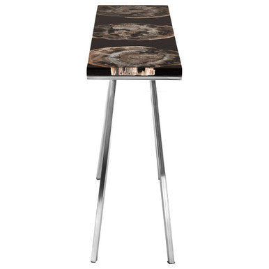 Black Resin and Wooden Console Table with Sleek Stainless Steel Silver Legs | Relic