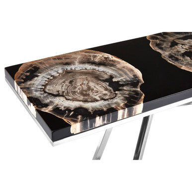 Black Resin and Wooden Console Table with Sleek Stainless Steel Silver Legs | Relic