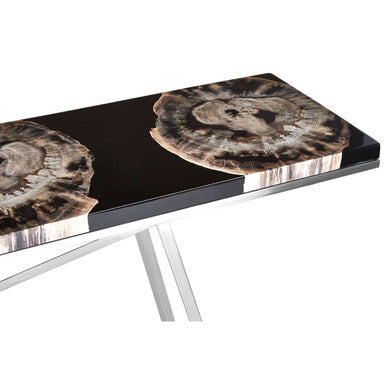 Black Resin and Wooden Console Table with Sleek Stainless Steel Silver Legs | Relic