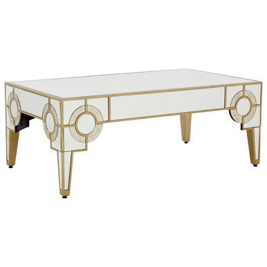 Antique Motif Mirrored Glass Coffee Table with Natural Gold Tone Border | Knightsbridge
