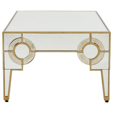 Antique Motif Mirrored Glass Coffee Table with Natural Gold Tone Border | Knightsbridge