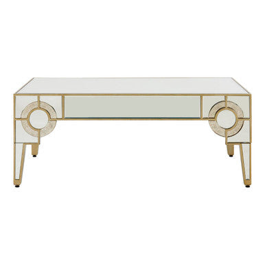 Antique Motif Mirrored Glass Coffee Table with Natural Gold Tone Border | Knightsbridge