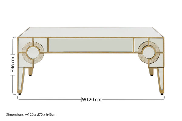 Antique Motif Mirrored Glass Coffee Table with Natural Gold Tone Border | Knightsbridge
