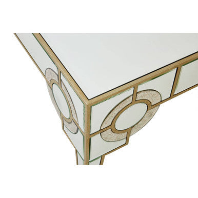 Antique Motif Mirrored Glass Coffee Table with Natural Gold Tone Border | Knightsbridge