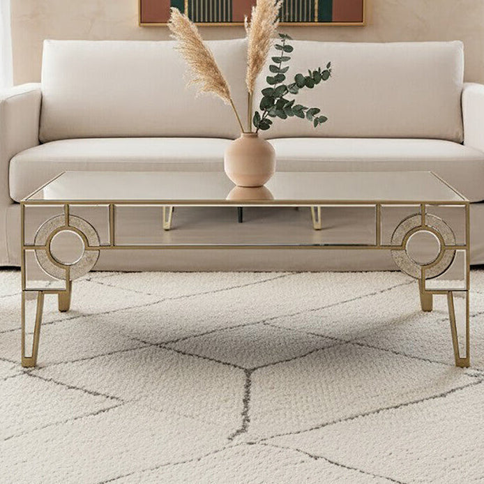 Antique Motif Mirrored Glass Coffee Table with Natural Gold Tone Border | Knightsbridge