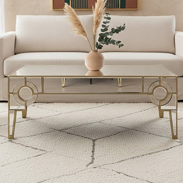 Antique Motif Mirrored Glass Coffee Table with Natural Gold Tone Border | Knightsbridge