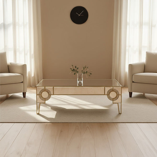 Antique Motif Mirrored Glass Coffee Table with Natural Gold Tone Border | Knightsbridge