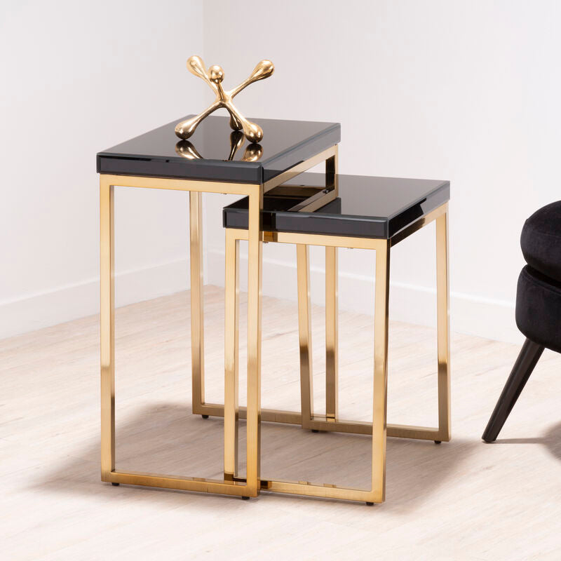 Set of 2 Glossy Black Tops Wooden Nesting Tables with Gold Finish Iron Base | Kensington Townhouse