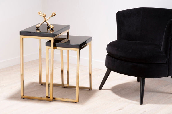 Set of 2 Glossy Black Tops Wooden Nesting Tables with Gold Finish Iron Base | Kensington Townhouse